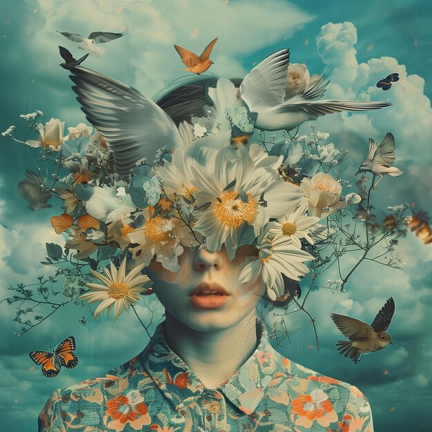 Título Natures Sueño Una visión de una mujer adornada con flores silvestres y pájaros en un cielo surrealista