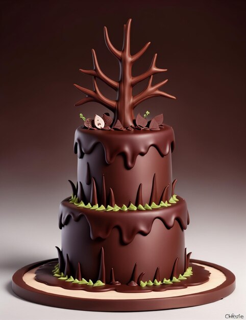 Foto título pastel mágico de capa de chocolate con decoración de tronco de árbol de chocolate