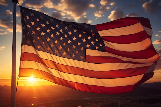 Título silhueta de bandeira americana de tirar o fôlego em um pôr-do-sol deslumbrante com um céu colorido vibrante