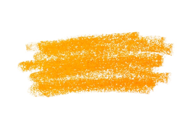 Tiza pastel de aceite de color amarillo anaranjado colorido pintado trazos o frotis aislado sobre fondo blanco.