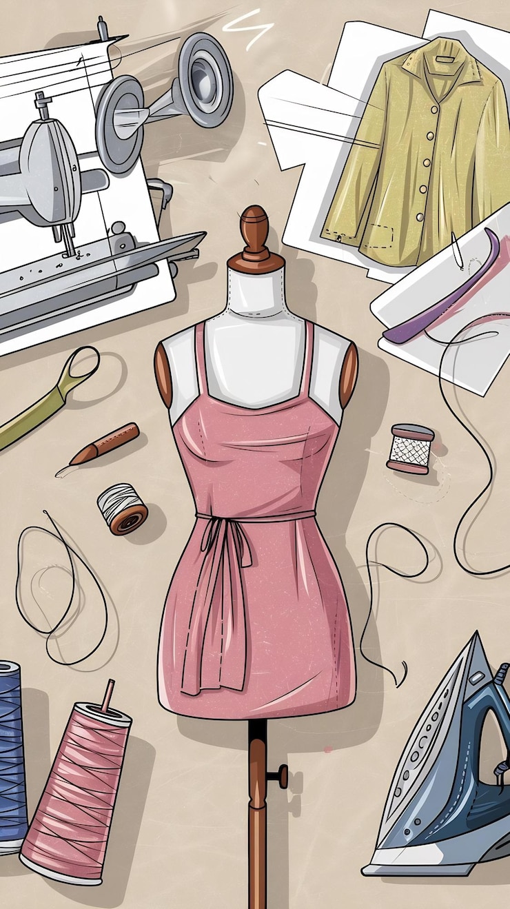 Foto tlor ou trabalho de alfaiate e designer de moda atelier esboço itens máquina de costura ou costureira patt