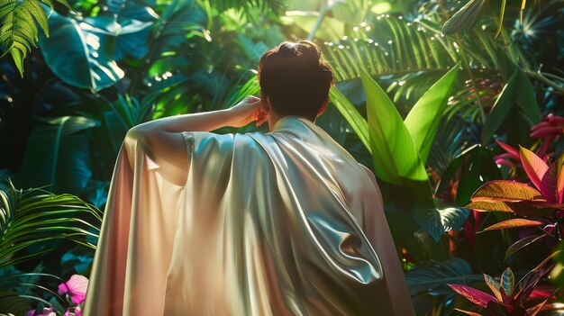 Toalha da selva Satim sedoso exalando vibrações exuberantes da selva Uma pessoa drapeando a toalha