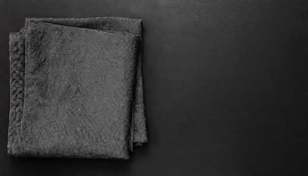 Foto toalha de cozinha de linho preto dobrado em um fundo preto vista superior
