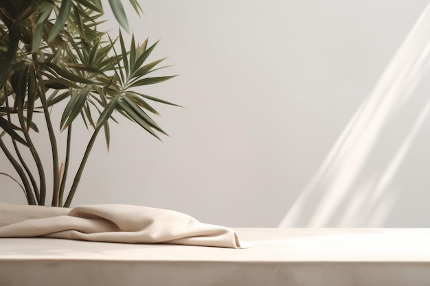 Toalha de mesa de algodão bege na mesa do balcão com uma dracaena tropical à luz do sol contra um fundo de parede branca perfeito para cuidados com a pele orgânicos de luxo ou exibição de produtos de beleza renderização em 3D