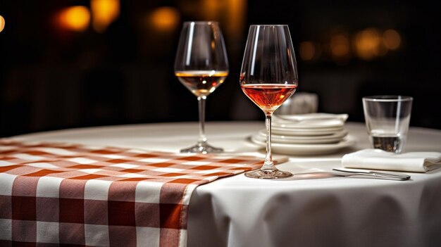 Toalha de mesa de jantar com comida e copos no restaurante Espaço para cópia IA generativa