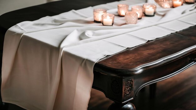 Foto toalha de mesa em mesa de madeira preta