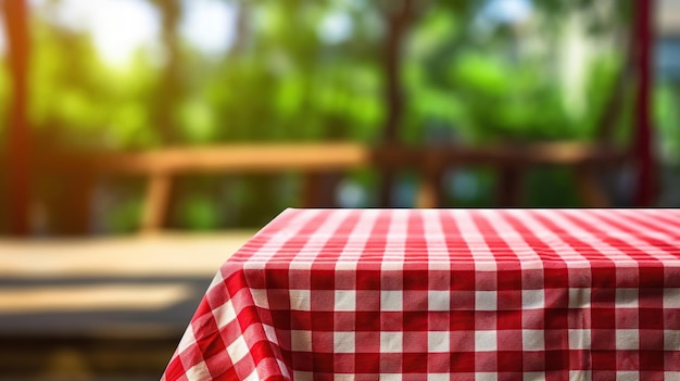 Toalha de mesa xadrez vermelha em madeira com fundo de pátio verde desfocado Conceitos de verão e piquenique generativos ai