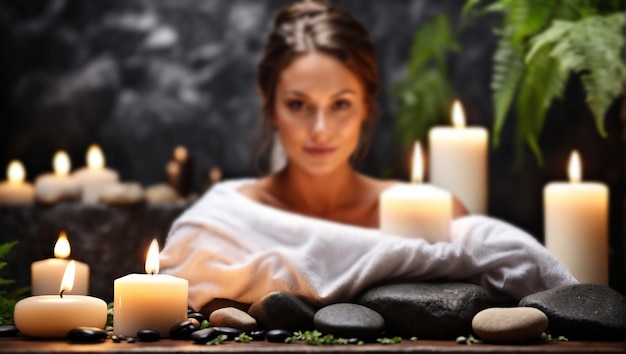 toalha em samambaia com velas e pedra quente com fundo desfocado de mulher bonita em ambiente de spa