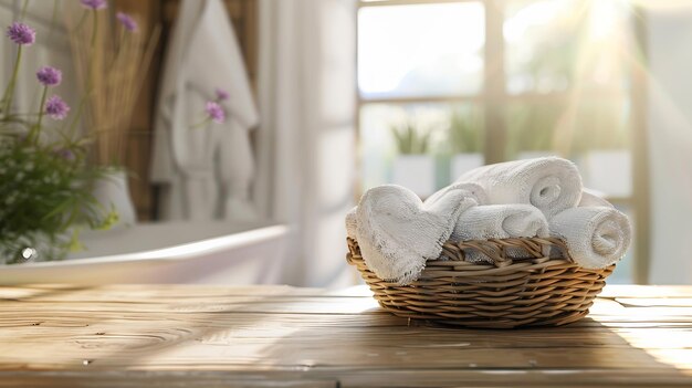 toalha na cesta em mesa de madeira sobre fundo de banheiro desfocado IA gerativa