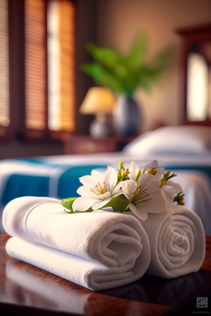 Foto toalhas brancas de algodão limpo enroladas dentro de um hotel generative ai