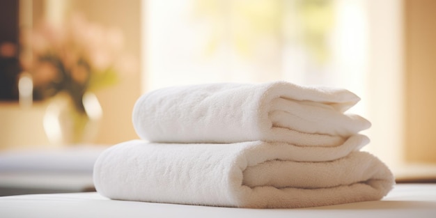 toalhas brancas frescas na cama no quarto de hotel