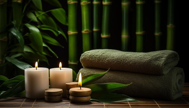 Foto toalhas com bambu e velas para relaxamento spa massagem tema de relaxamento mínimo