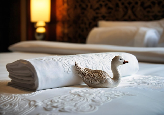 Toalhas de cisne em uma cama