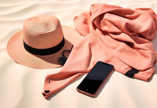Toalhas de praia com celular e chapéu para o verão