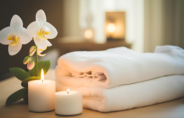 toalhas e velas na mesa de massagem no salão de spa lugar para relaxar