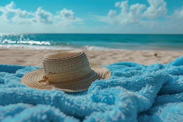 Toalla azul con sombrero y playa de verano