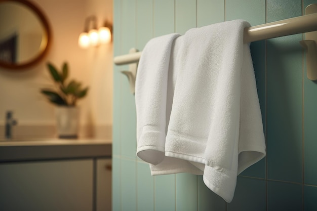 Una toalla blanca cuelga de la pared del baño.