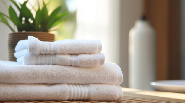 toalla blanca en la mesa de madera y el baño del baño