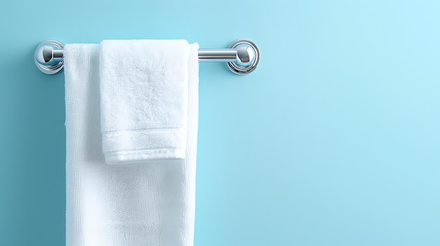 Una toalla blanca suave cuelga en un soporte de toallas brillante contra un fondo azul pálido La toalla está doblada por la mitad con un extremo colgando hacia abajo