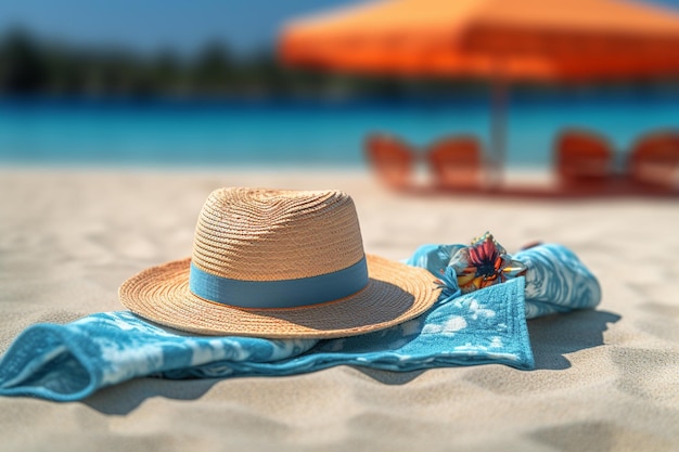 Una toalla de playa decorada con un sombrero, gafas de sol y chanclas con IA generativa