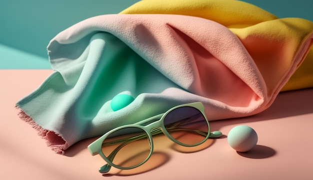 Toalla de playa y gafas de sol en concepto de verano con IA generativa