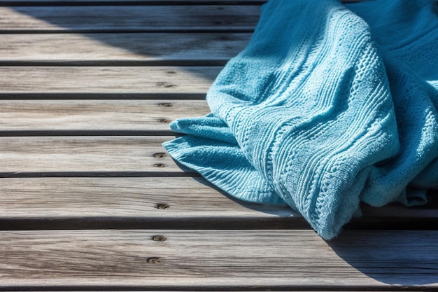 Toalla de playa sobre suelo de madera azul