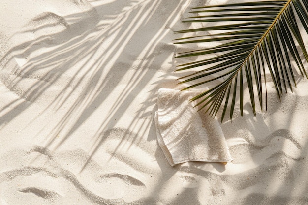 Toalla de playa de vista superior en una playa de arena con sombra de palma