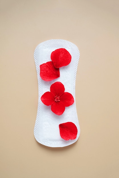 Toalla sanitaria de mujer con flores rojas. Concepto social abstracto del período menstrual de la mujer y la salud de la mujer.