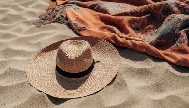 Foto toalla de sombrero de paja y relajación de verano solar generada por ia