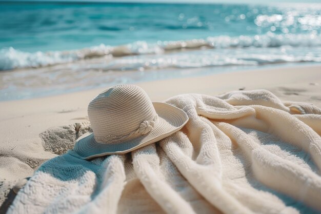 toalla con sombrero y playa de verano