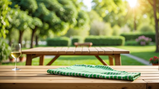 una toalla verde y blanca está en una mesa de madera