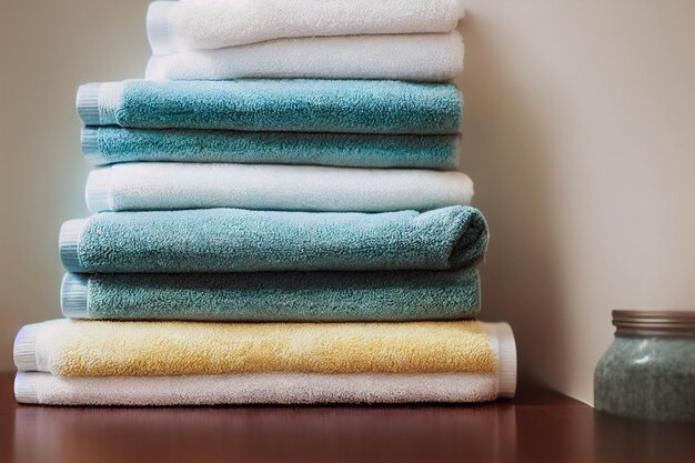 Toallas de baño limpias de alta pila en colores brillantes sobre fondo turquesa
