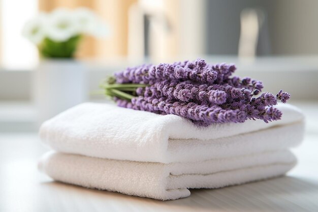 Toallas blancas con flor de lavanda seca en un baño