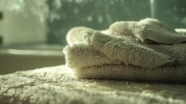Las toallas blancas suaves y esponjosas están plegadas y apiladas en una mesa de mármol. Las toallas están iluminadas por una luz suave y el fondo está desenfocado.