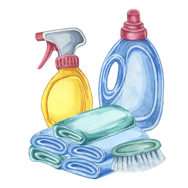 Toallas y botellas de ablandador de telas o detergente para la ropa Trapos de lino y removedor de manchas recipiente de blanqueador Clipart para servicio de lavandería limpieza