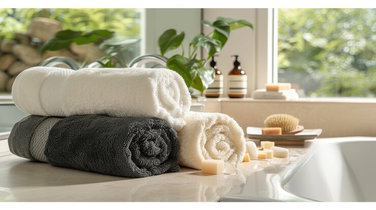 Toallas enrolladas y decoración natural en un baño que hace hincapié en una atmósfera ecológica y relajante