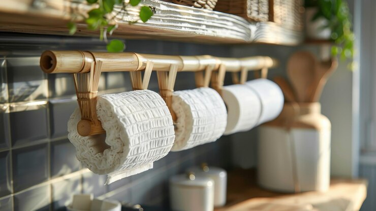 Toallas enrolladas en un estante de madera en una cocina con plantas y decoración natural