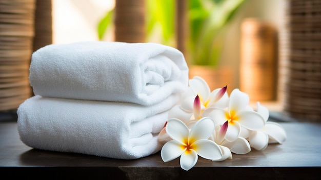 Toallas en un fondo tropical con flores de plumeria enfoque selectivo Spa