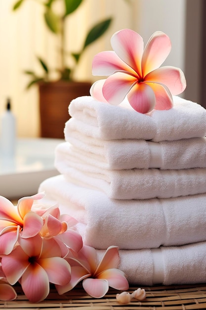 Toallas en un fondo tropical con flores de plumeria enfoque selectivo Spa