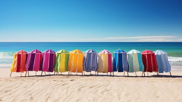 Toallas de playa y paraguas de fondo.