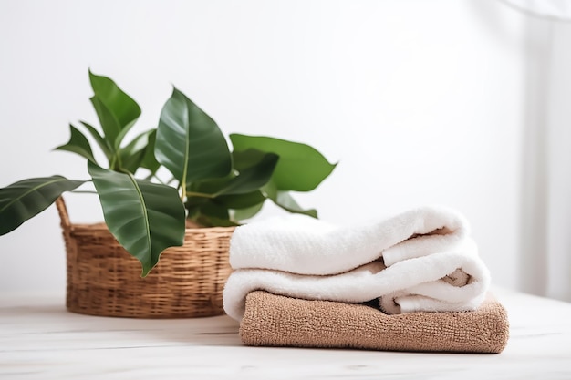 Toallas sobre una mesa blanca junto a una planta