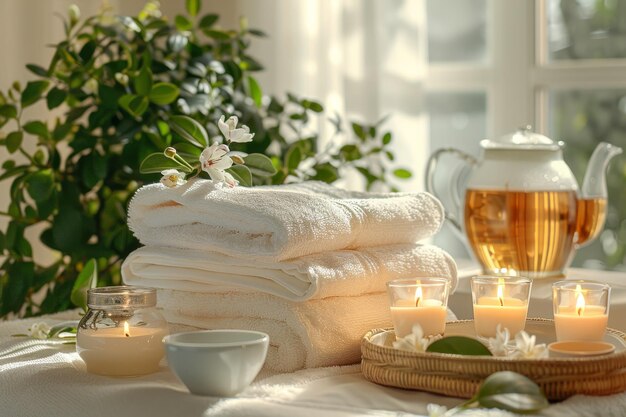 Foto toallas con té y velas para relajarse masaje spa baño temático de relajación