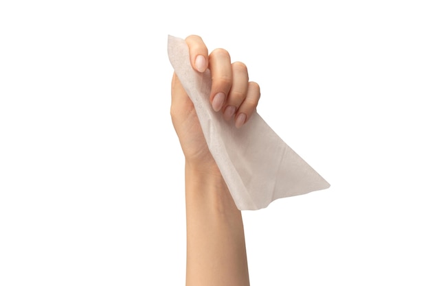 Toallita húmeda en una mano de mujer aislada sobre un fondo blanco Lavarse las manos aisladas