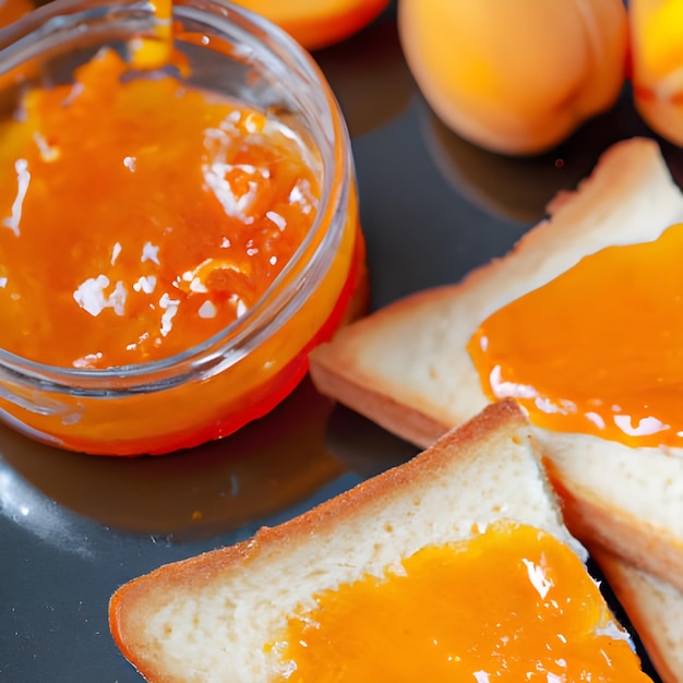 Toast aus Brot und Aprikosenmarmelade mit Fruchtscheiben und frischen Aprikosen auf einem Tisch