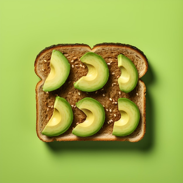 Toast mit Avocado und Sesam auf grünem Hintergrund