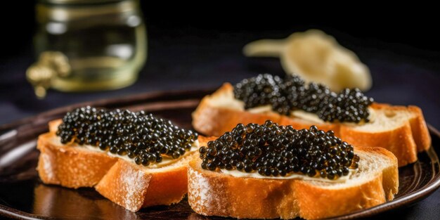 Toast mit schwarzem Kaviar auf dunklem Hintergrund