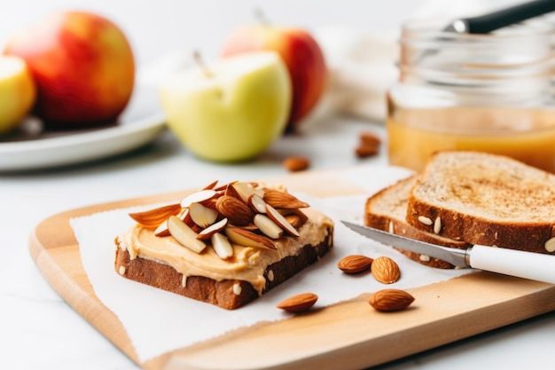 Toasten Sie mit Mandelbutter geschnittene Äpfel und ein Messer