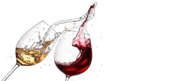 Toasten und Spritzer Weiß- und Rotwein in Gläsern auf weißem Hintergrundbanner Generative KI
