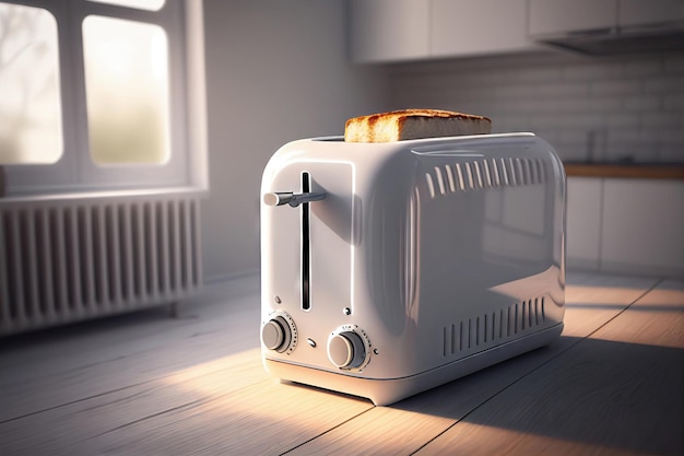 Toaster mit Geschirr und Sandwiches auf einem hellen Küchentisch Generative KI