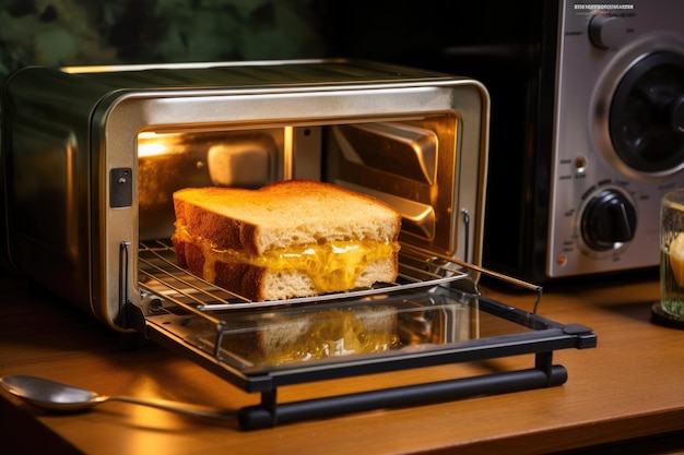 Foto toasterofen mit einem geschmolzenen käsesandwich darin
